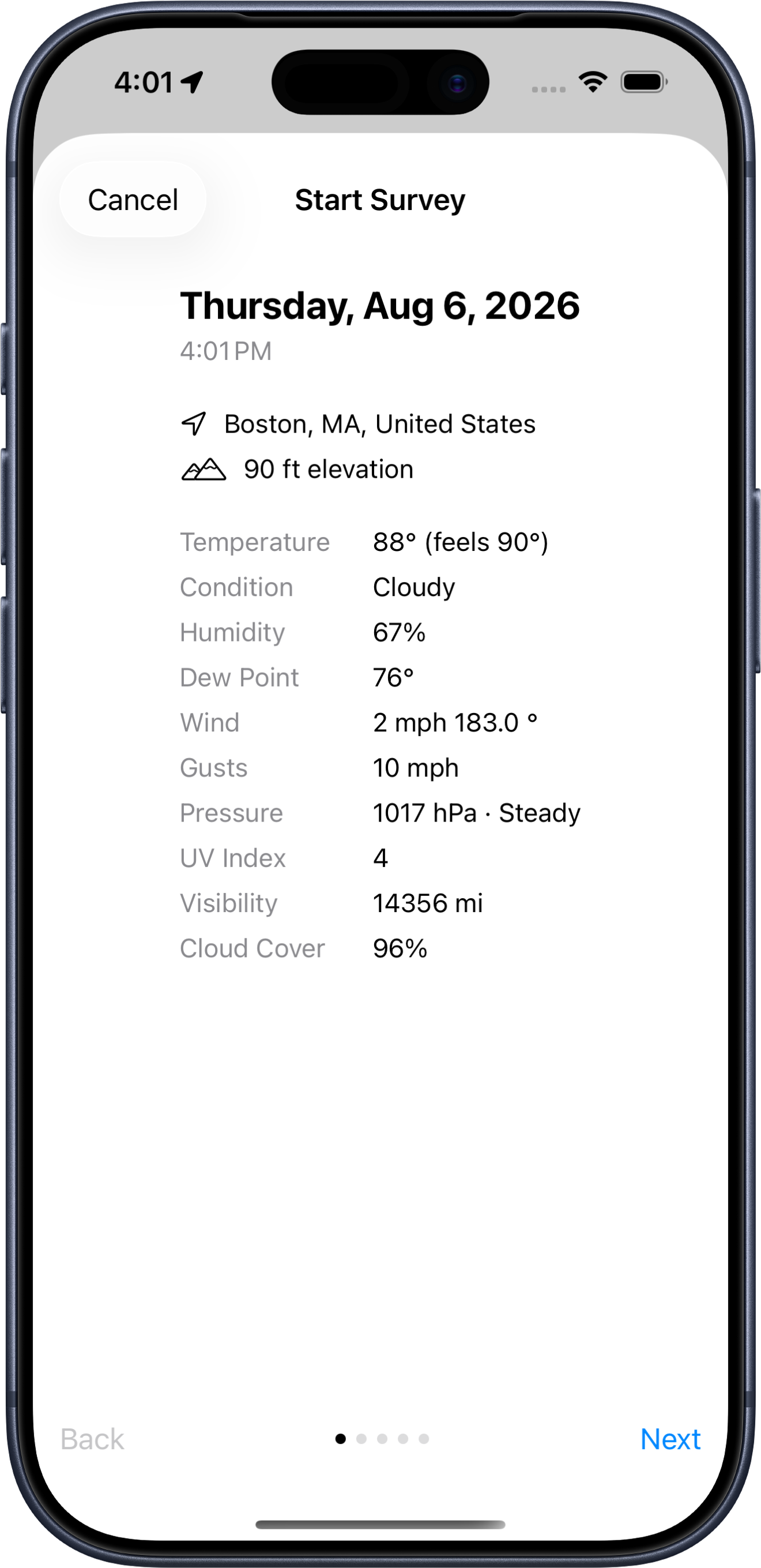 Survey start screen showing today's date, location, elevation, and weather data