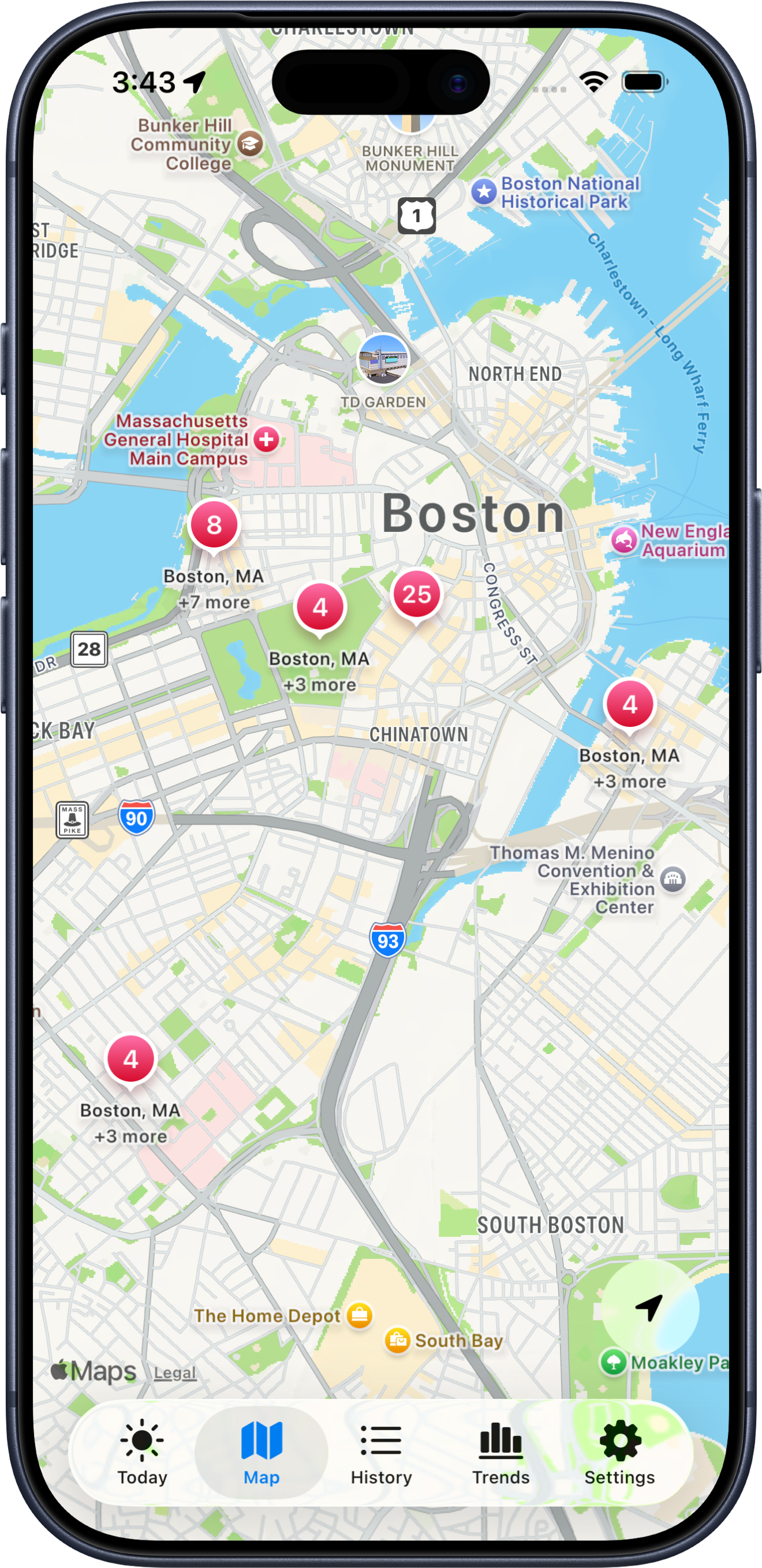 Map view showing every survey entry plotted by location